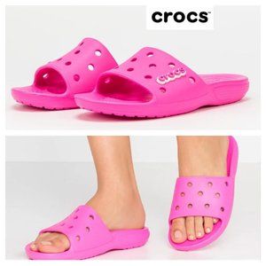 NWT CROCS UNISEX Women 12 Men 10 Electric Pink Classic Crocs Slide LOGO Jibbitz